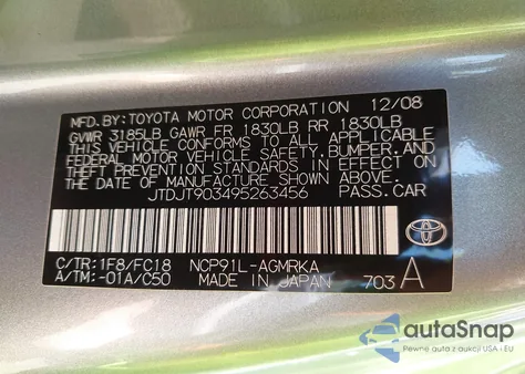 2009 Toyota Yaris из США, поврежденный, VIN JTDJT903495263456